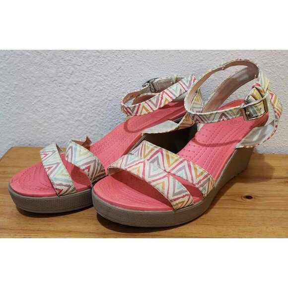 Crocs Leigh Womens Ankle Cross Strap Wedge Sandals Pink Multicolor 15313 Size 9 - Picture 2 of 12